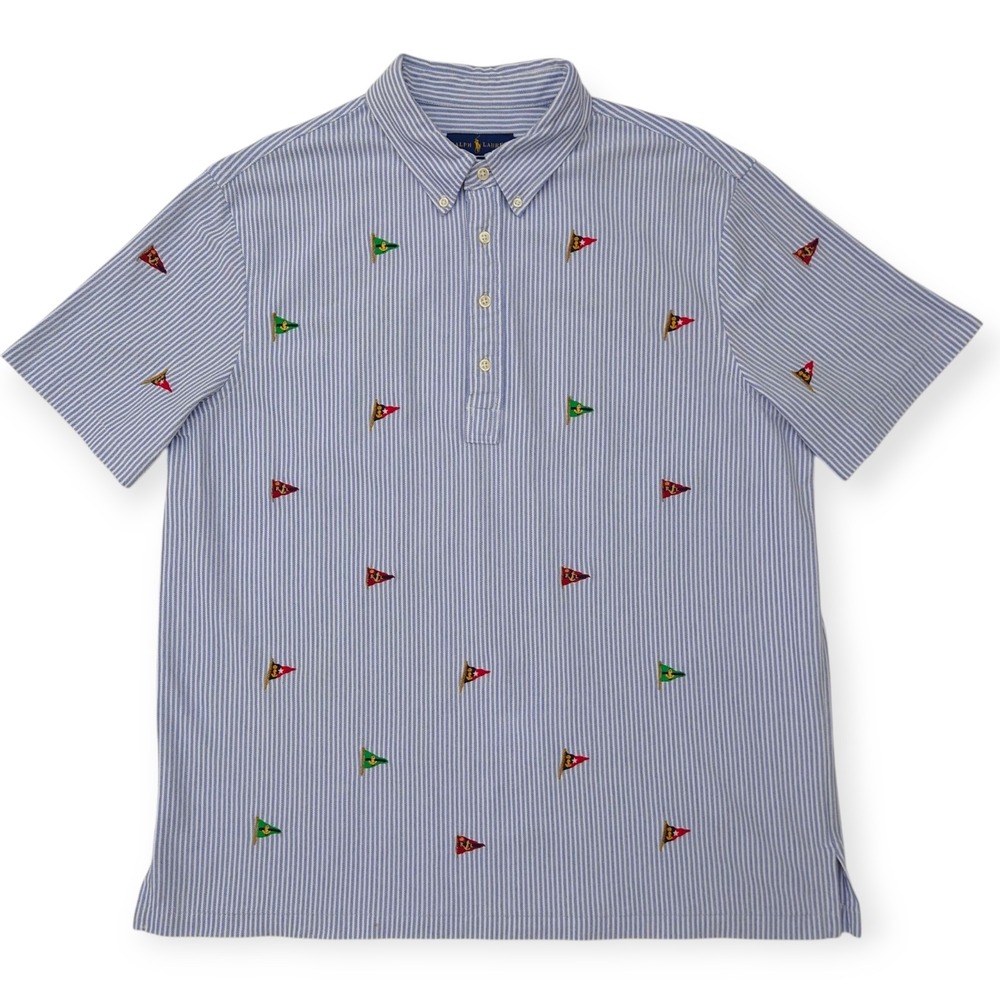Polo Ralph Lauren XL Hampton Knit Oxford Polo Shirt Nautical Flags Striped Blue
